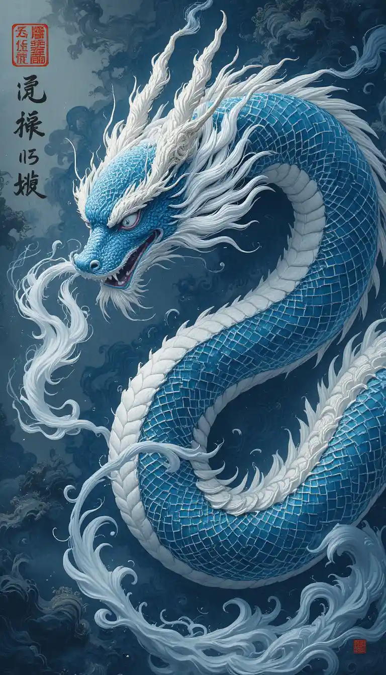 Majestic blue dragon with flowing mane and misty breath