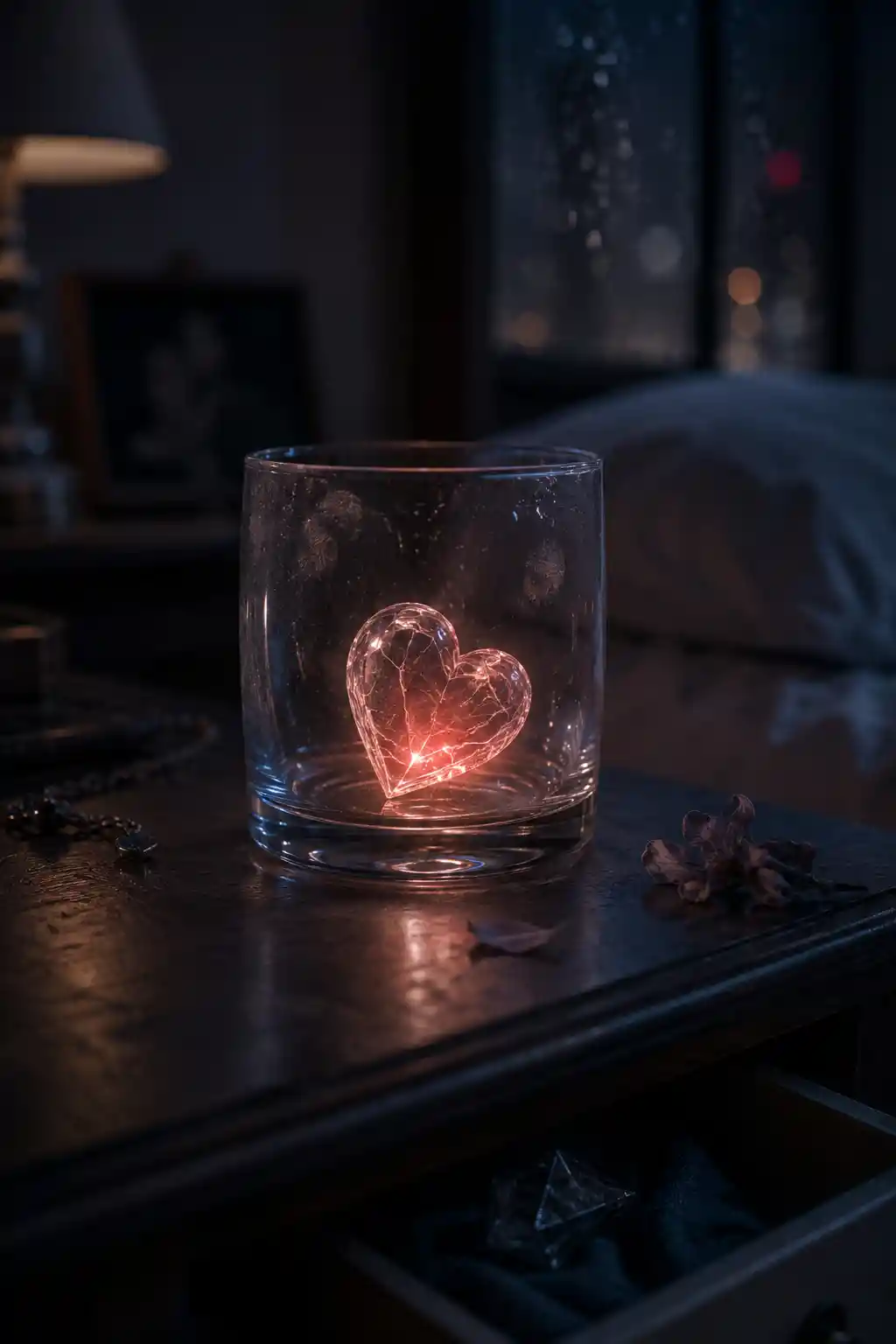 Glass heart resting on a dusty nightstand by the bed