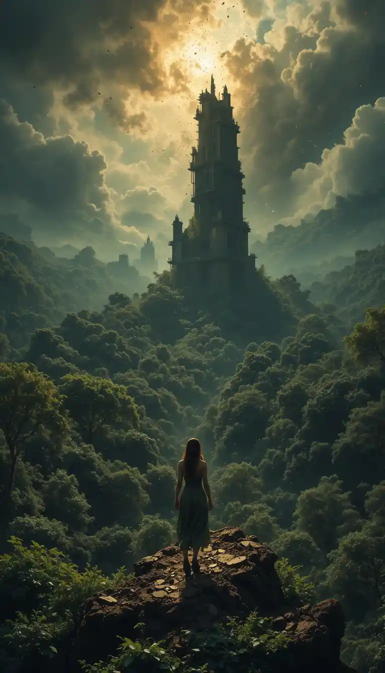 Lone woman overlooking a ruined city and encroaching jungle