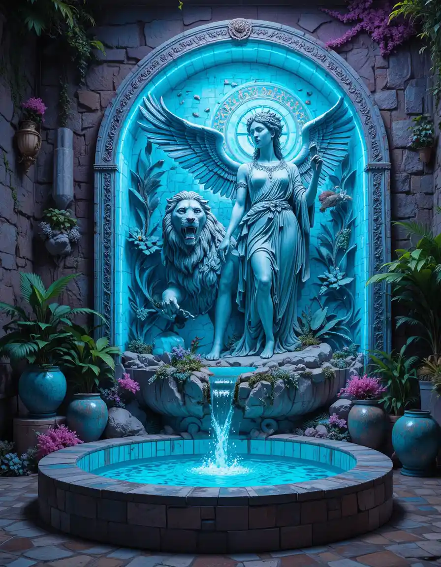 Winged lion and woman statue in neon fantasy mural