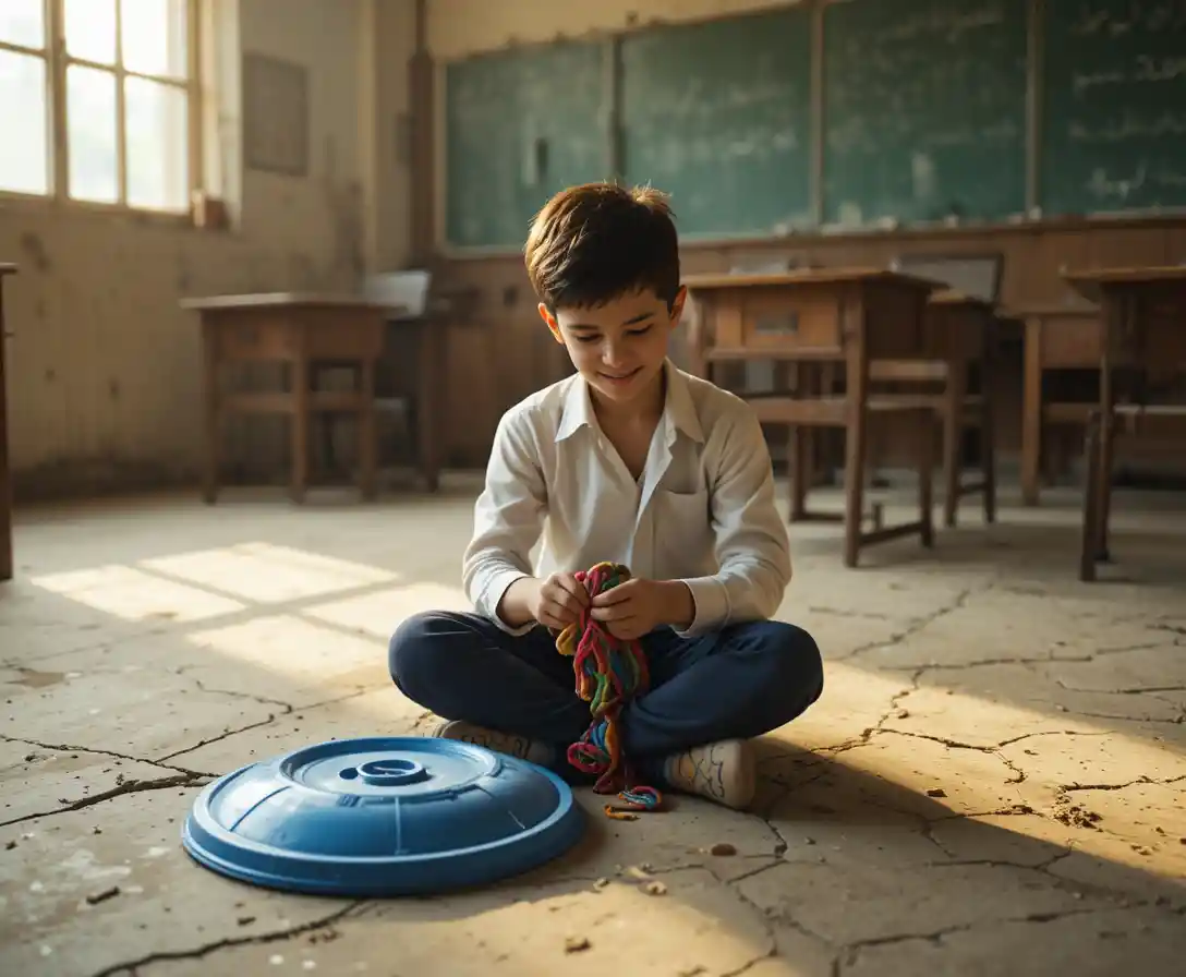 Iranian schoolboy weaving a colorful handmade sock ball