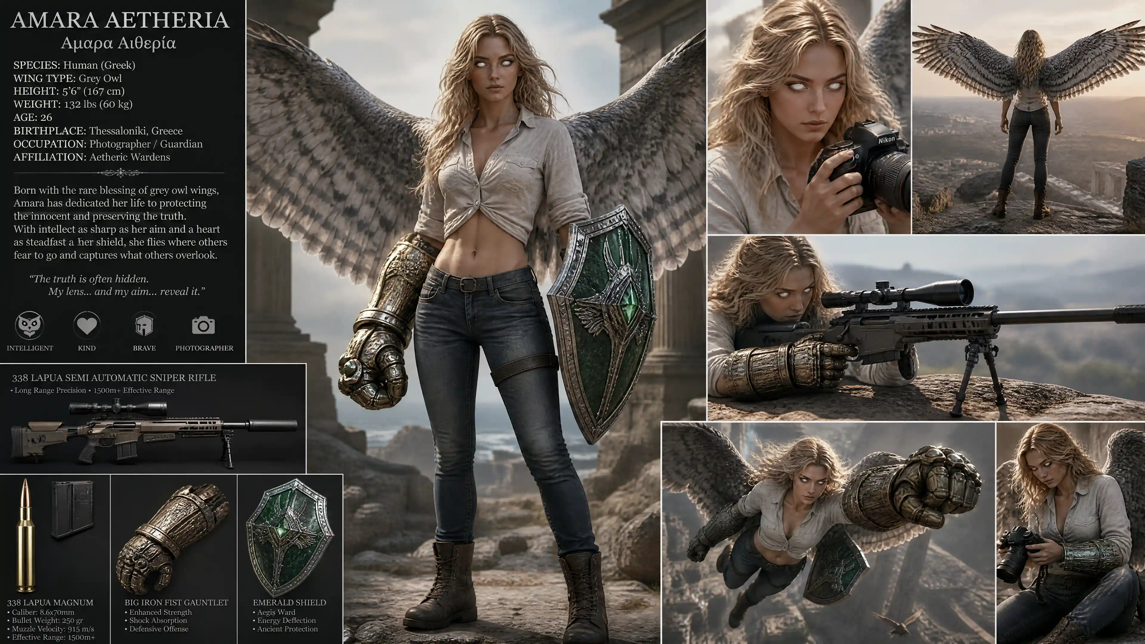Winged woman with rifle gauntlet and shield