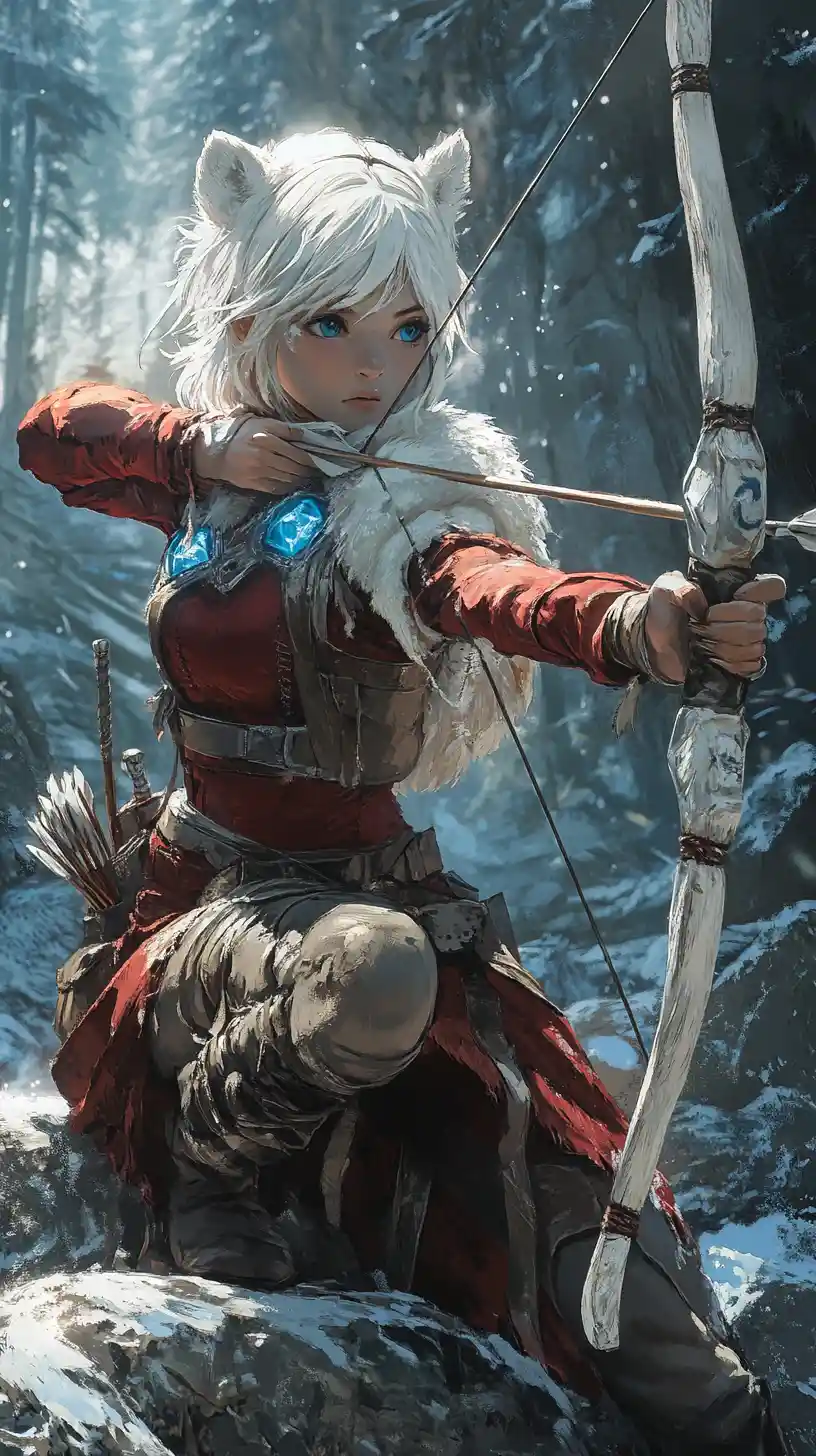 Girl archer aiming from a rock in a winter forest