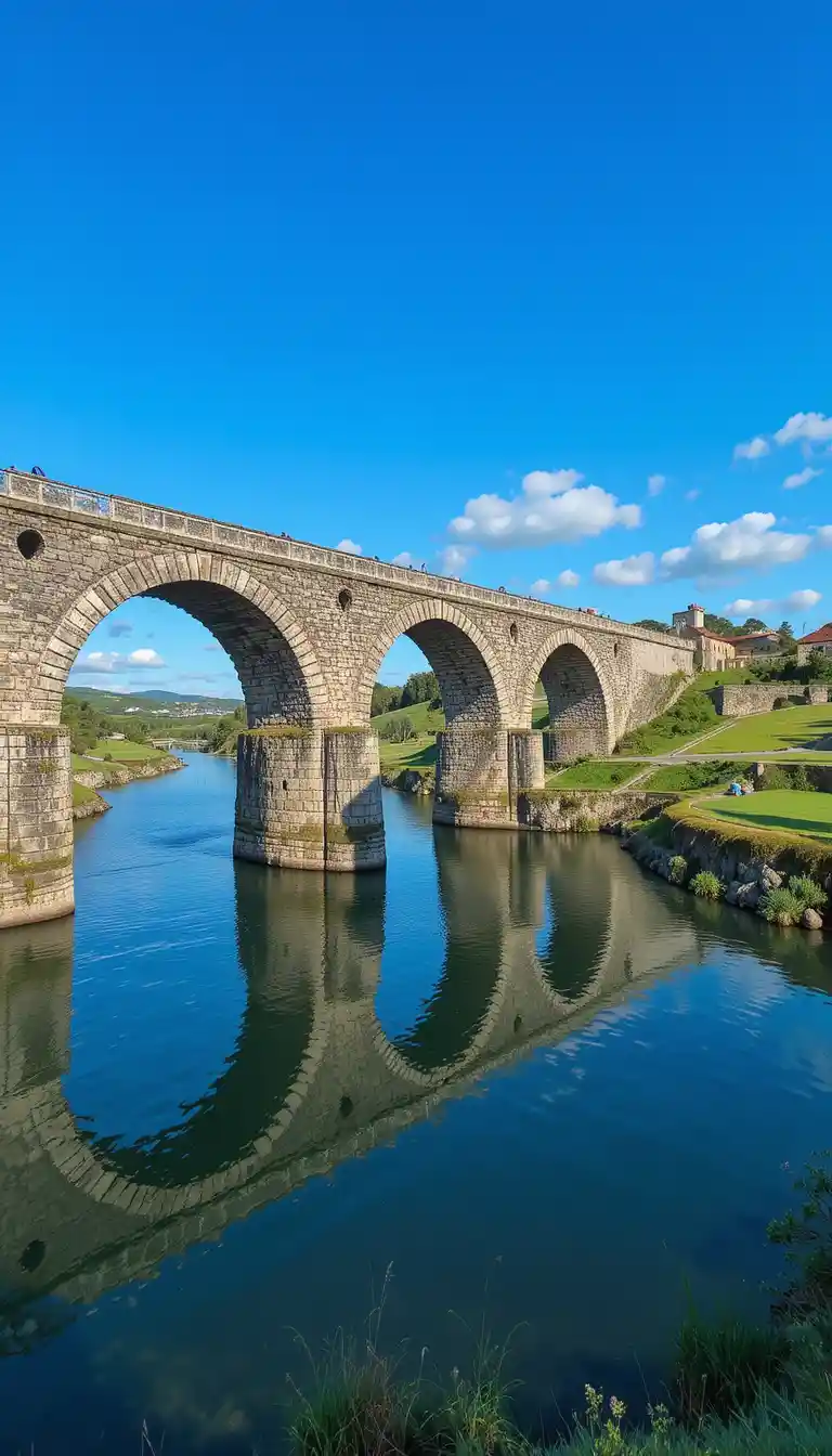 Arch bridge over blue river under clear Portuguese sky