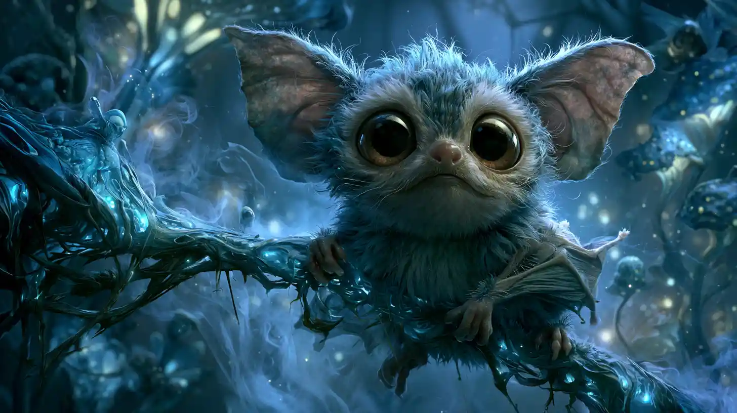 Cute bat on glowing branch in a dark enchanted forest