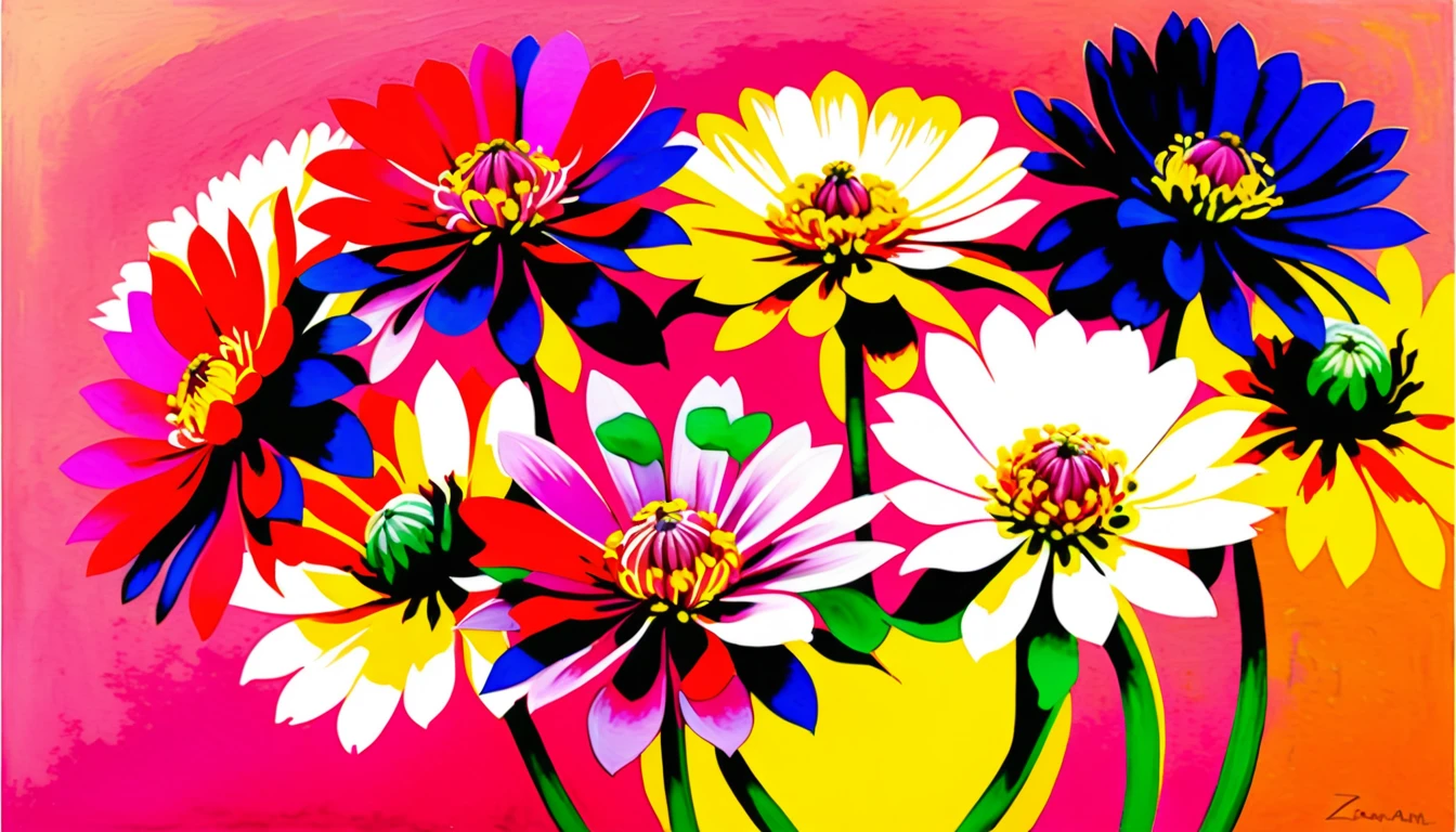 Magenta zinnia flowers on soft rose and apricot background
