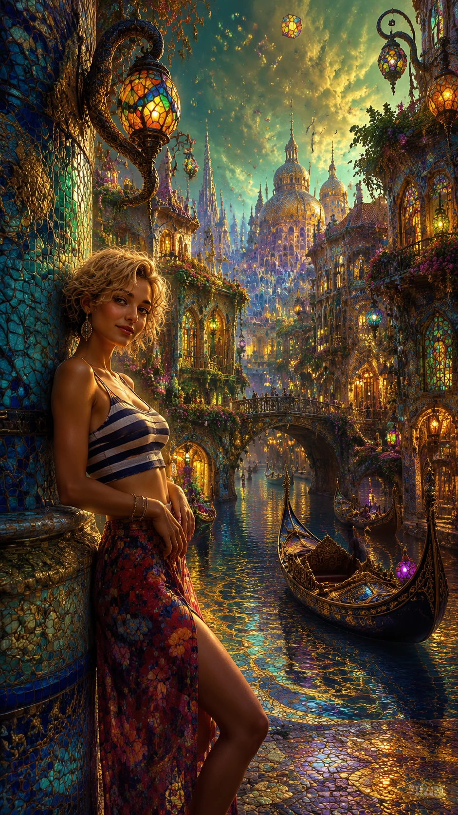 Young woman in glowing fantasy canal city at dusk