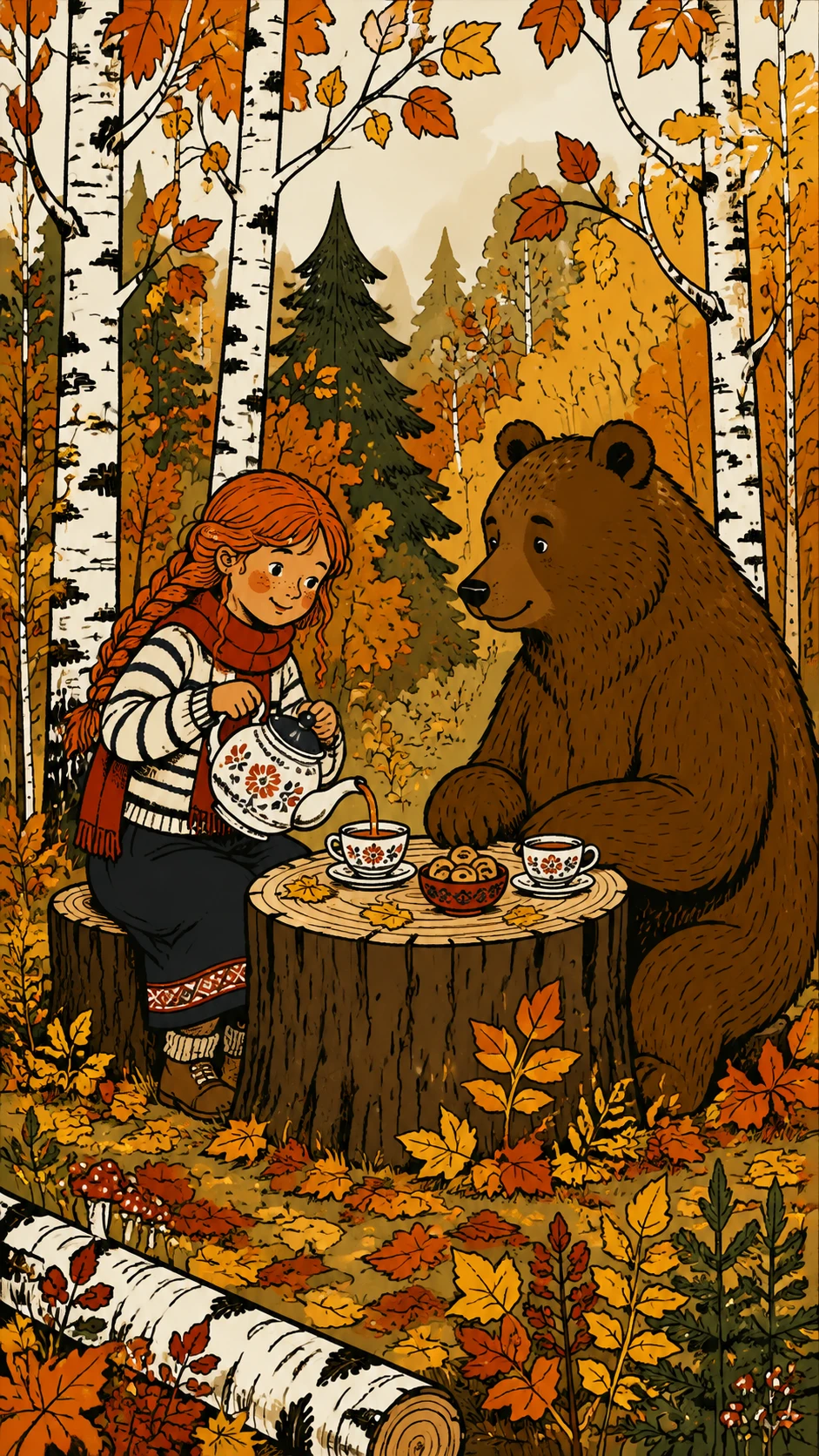 Niña y oso en una acogedora fiesta de té en un bosque otoñal