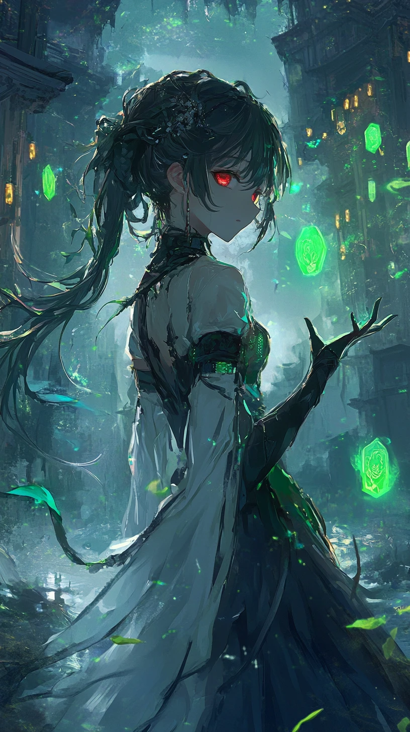 Anime girl summoning green crystal in ruined temple