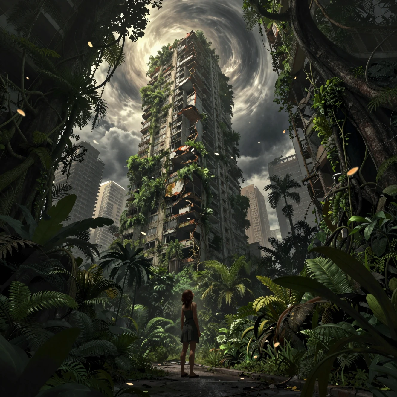 Woman in jungle reclaimed city street beneath ruined skyscraper
