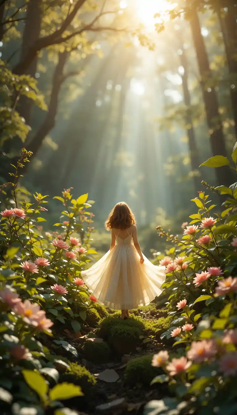 Tiny fairy flying through sunlight in a dense forest