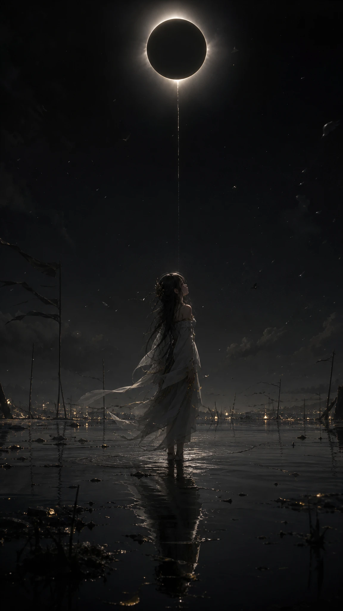 Young woman standing in darkness during a total eclipse