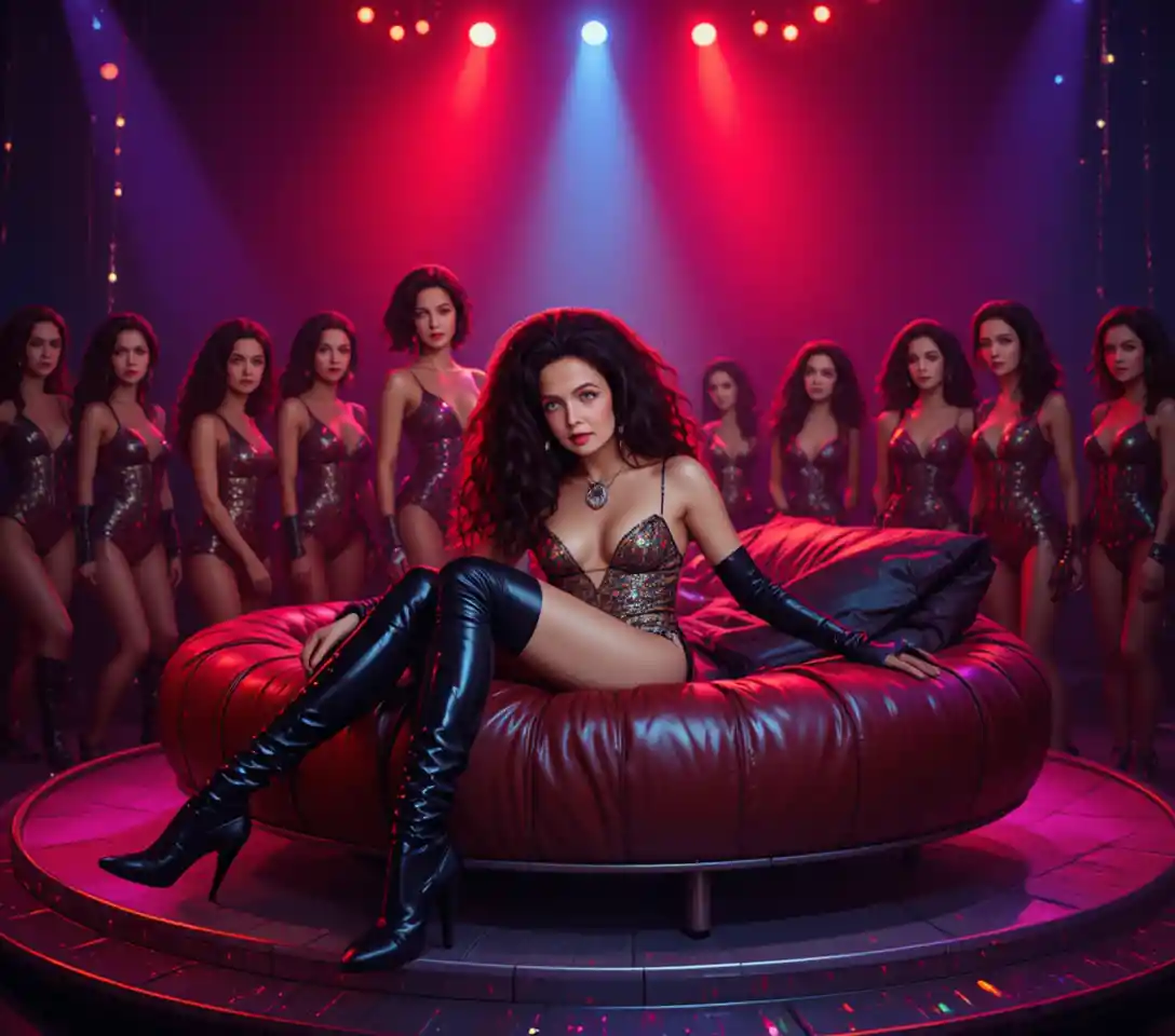 Woman in leather on disco stage under colorful spotlights