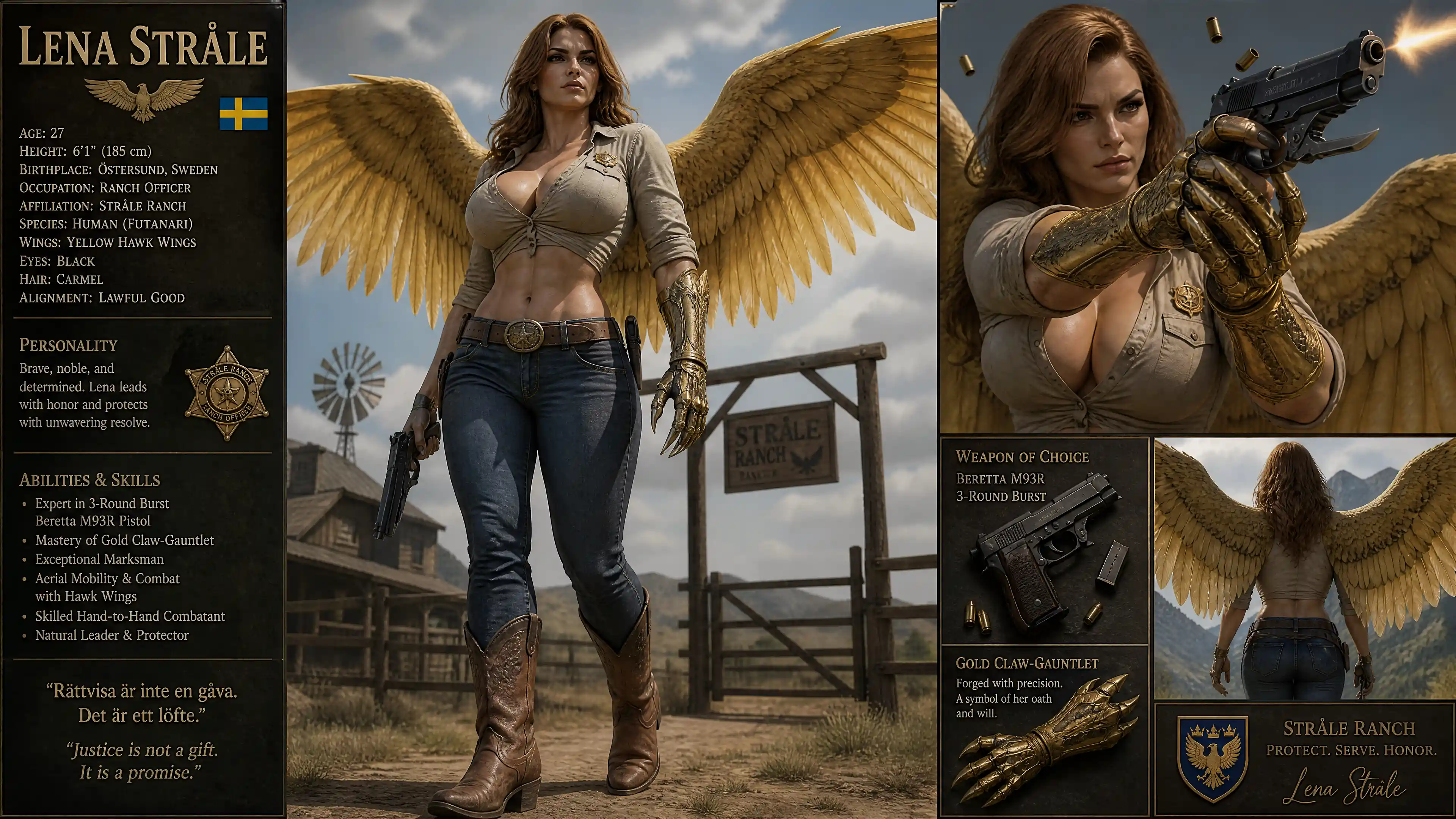 Winged warrior woman with pistol and claw gauntlet