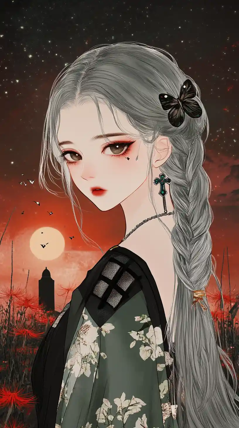 Anime girl in patterned outfit standing in flower field