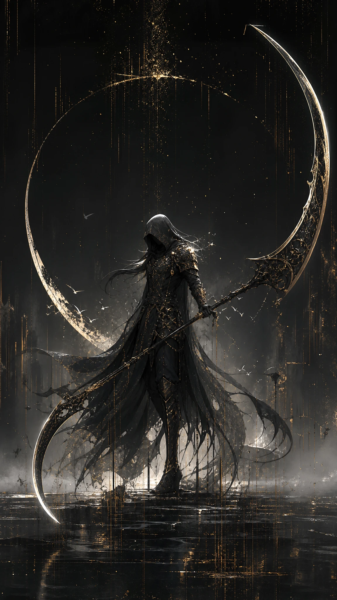 Grim reaper in black armor with crescent bladed scythe