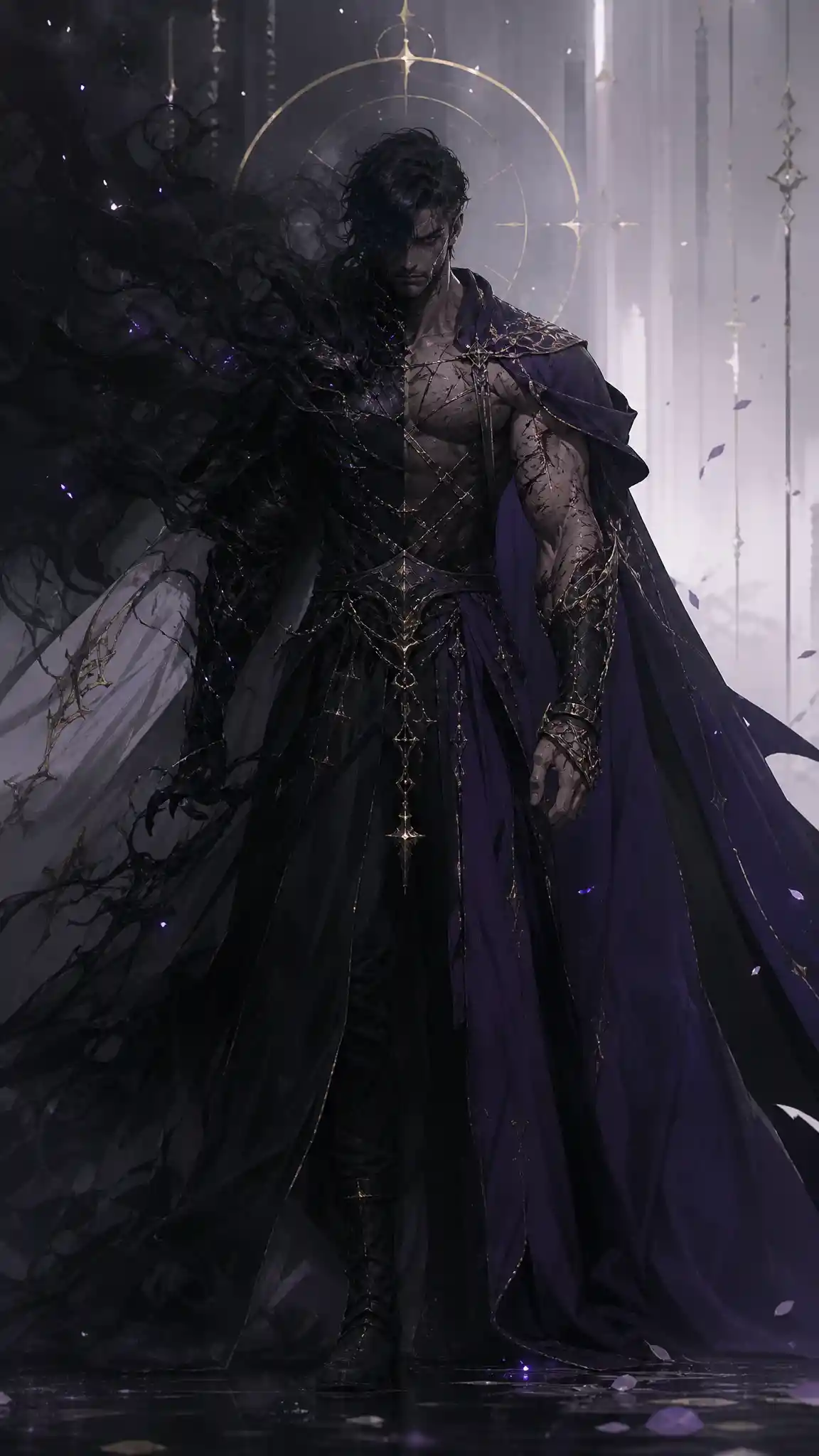 Scarred warrior in dual cloaks radiating dark authority