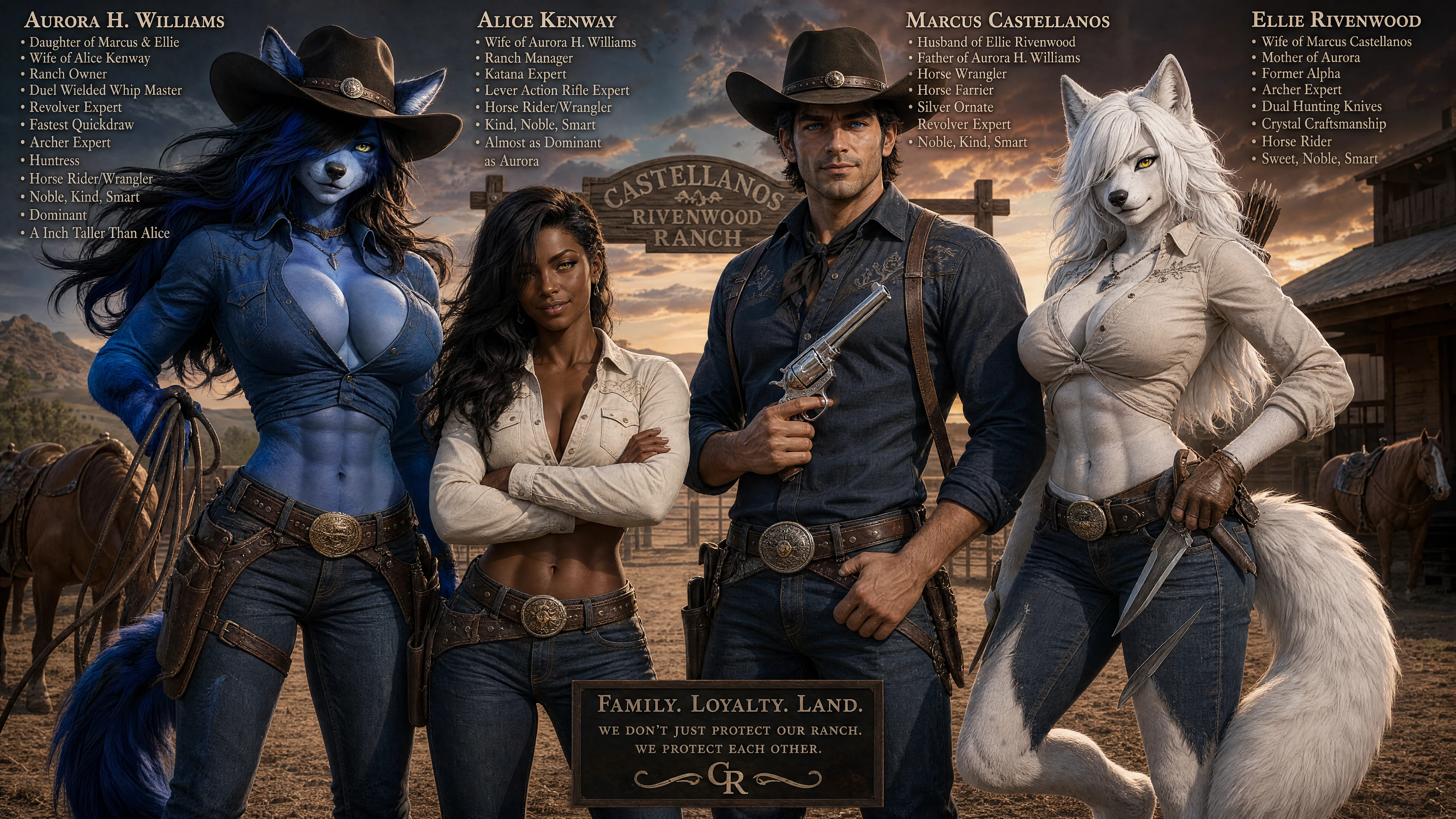 Blue fur wolf cowgirl with whip and revolver ready to duel