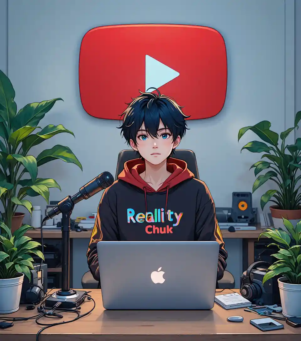Anime boy at a cluttered computer desk with youtube backdrop