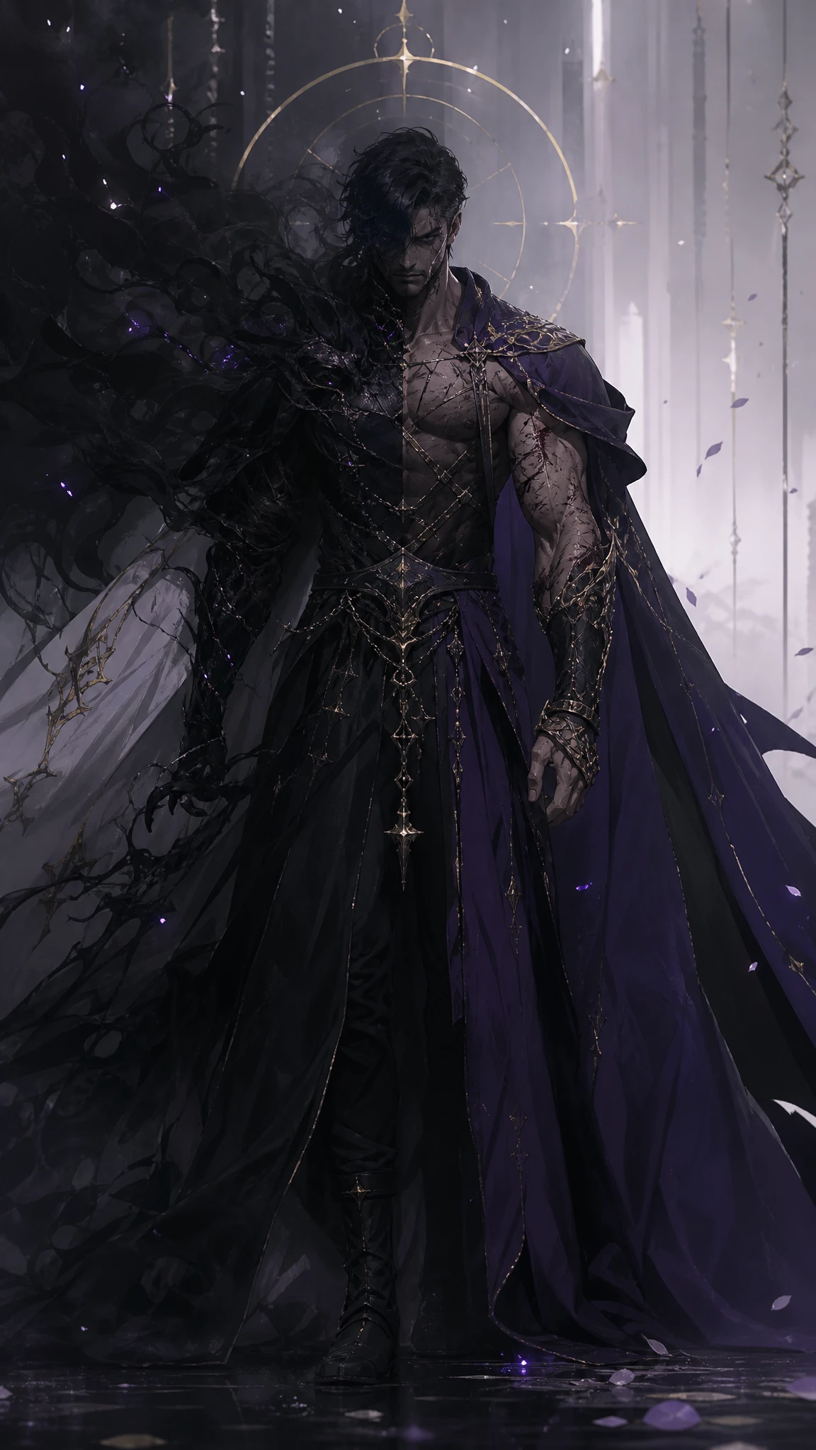 Scarred warrior in dual cloaks radiating dark authority