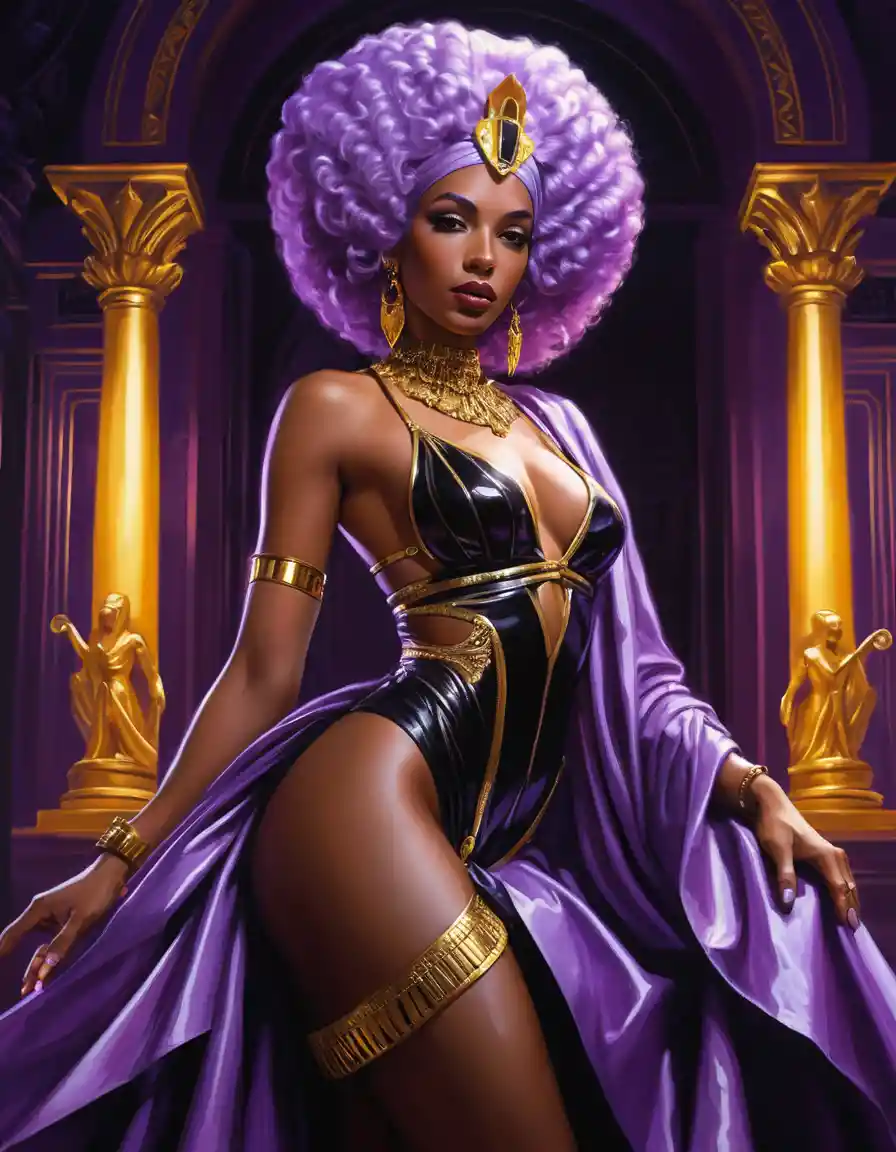 Neon lit egyptian queen with lilac hair in couture pose