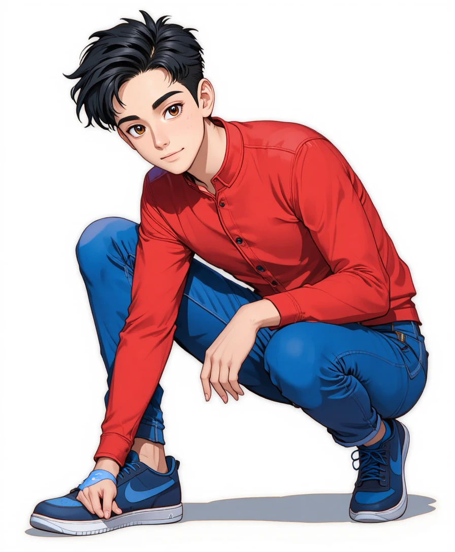 Anime boy crouching in red shirt and blue jeans