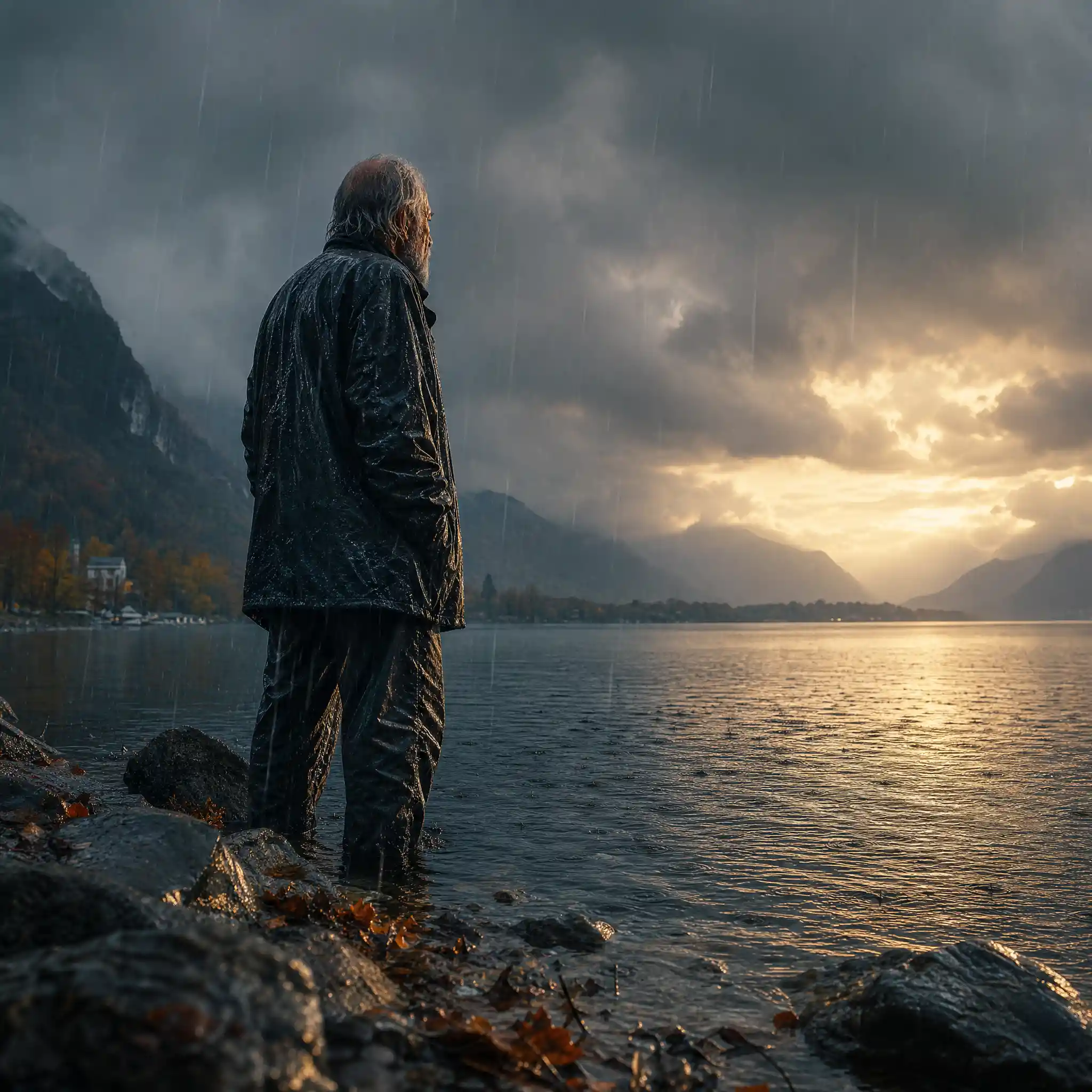 Old man standing in the rain by a distant lake horizon
