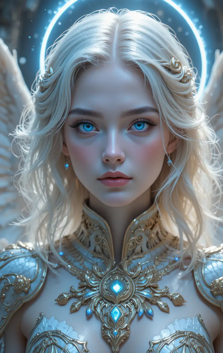 Angelic warrior with white wings in sacred armor