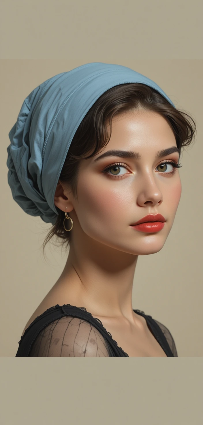 Young woman in headscarf with bold classic makeup