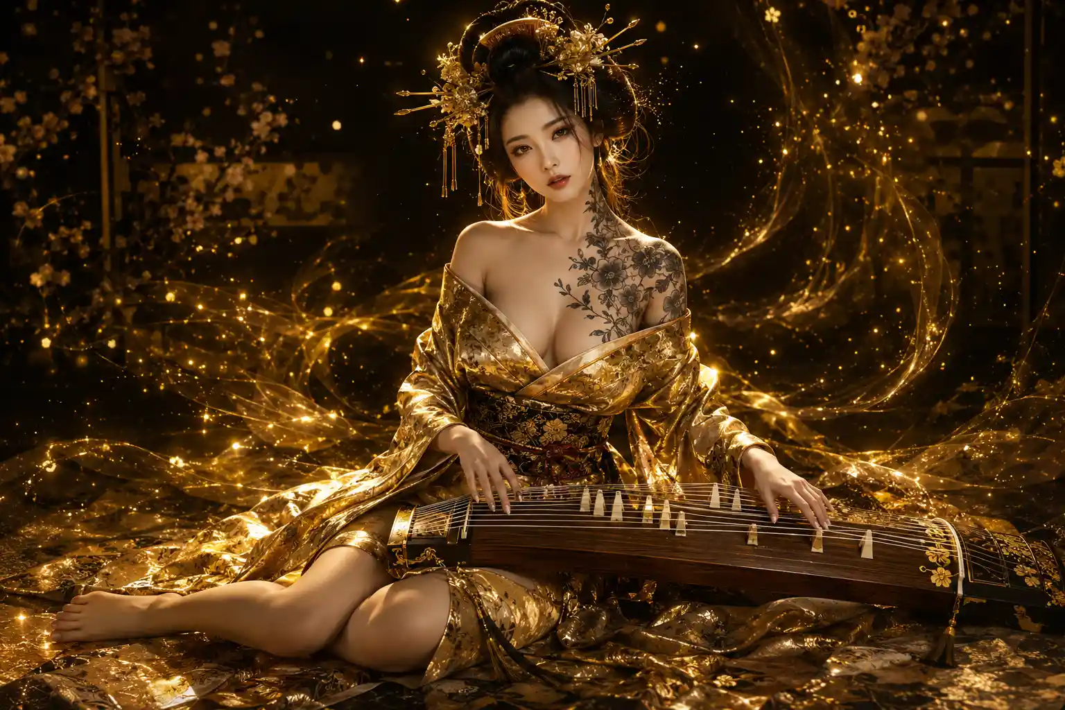 Geisha inspired woman with golden kimono and koto