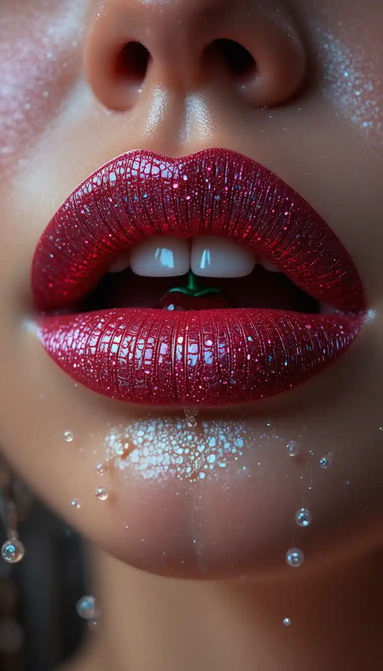Extreme close up of glittering lips holding jeweled cherry