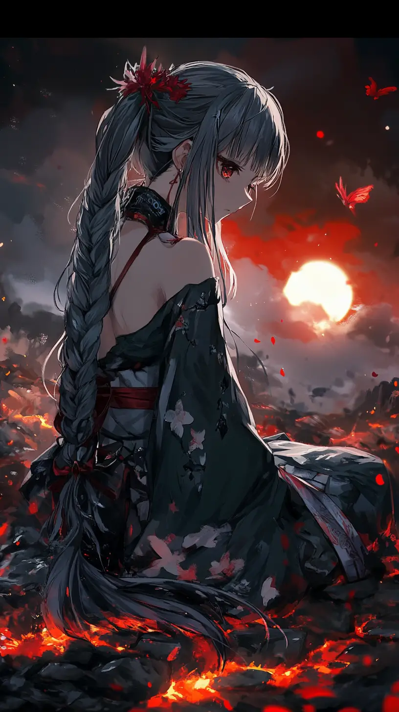 Anime girl in a stylish outfit lying in glowing lava