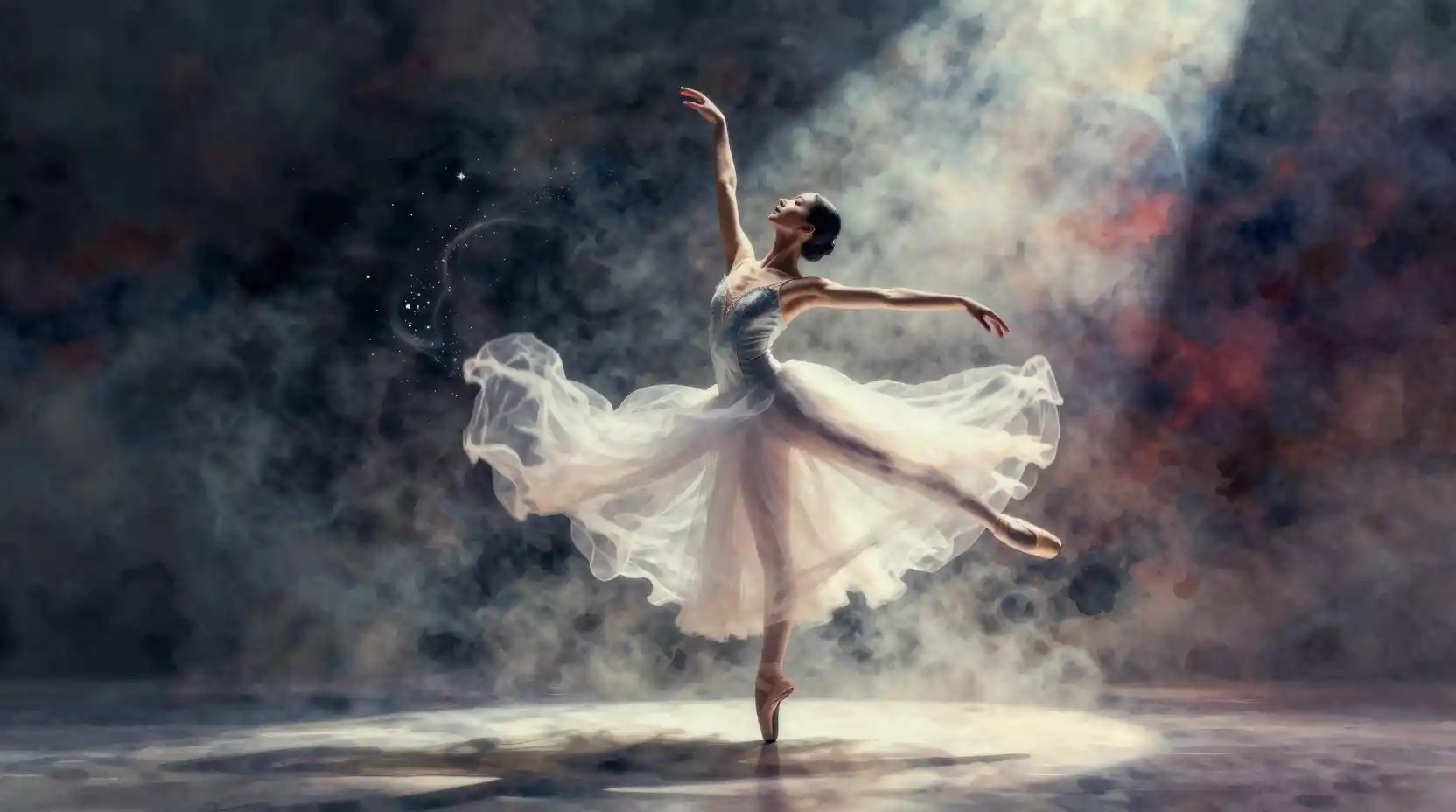 Ballet dancer pirouetting on a mystical stage of swirling mist