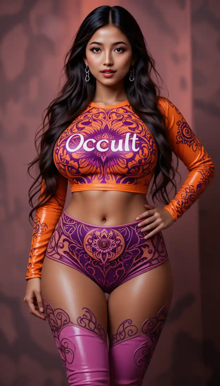 Curvy English woman in neon mandala sportswear outfit