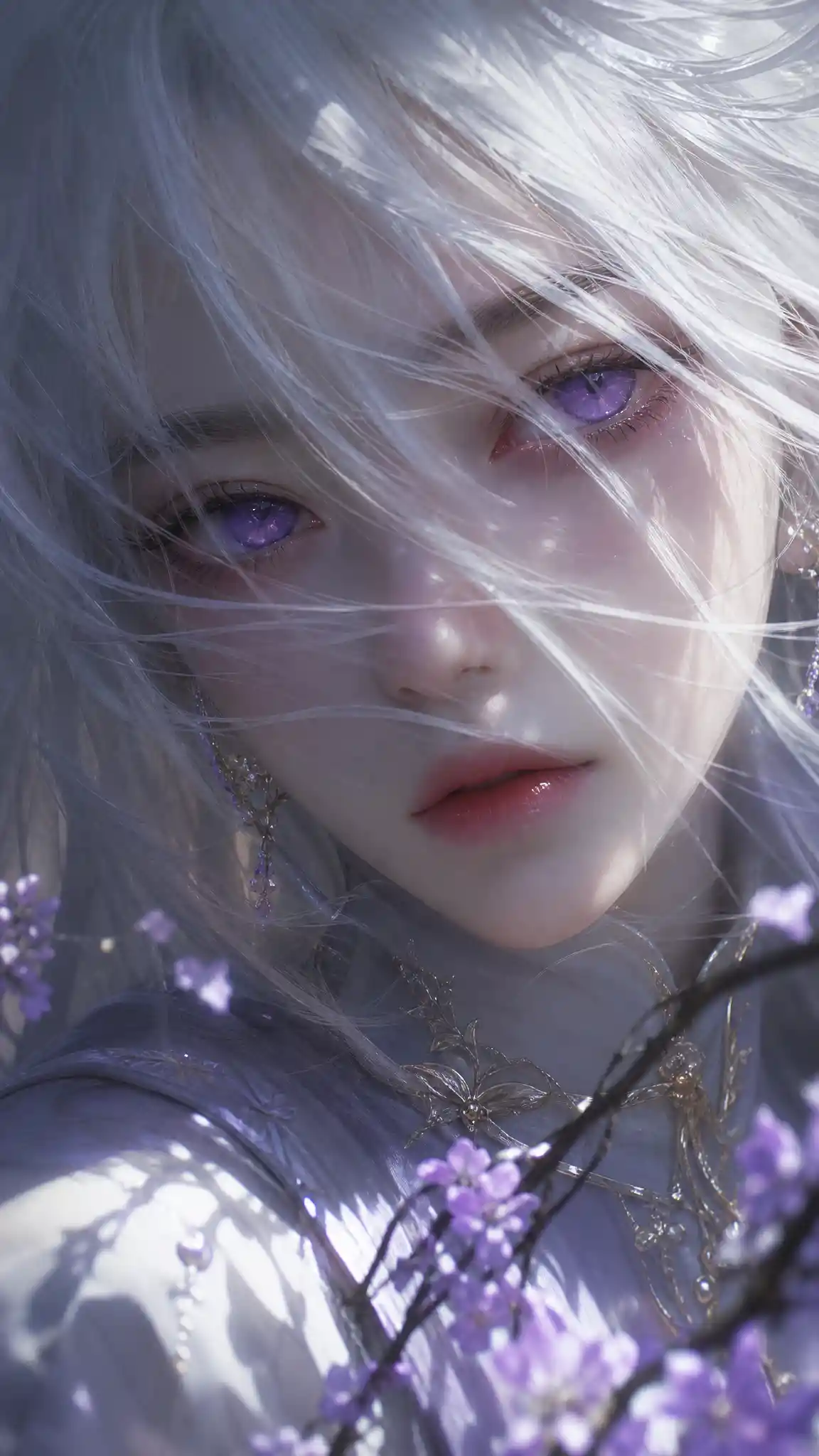 White haired Asian girl close up with violet eyes