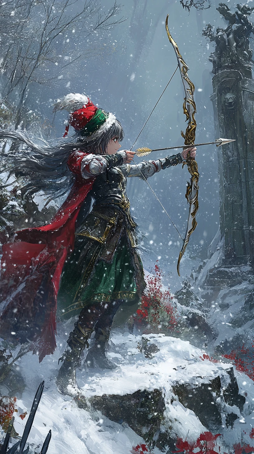 Girl archer aiming at a distant beast in winter ruins