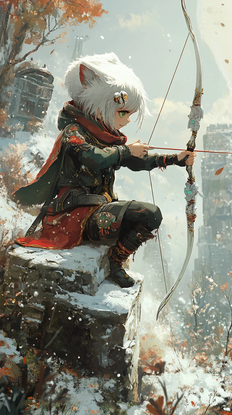 Girl archer aiming at a distant creature in winter ruins