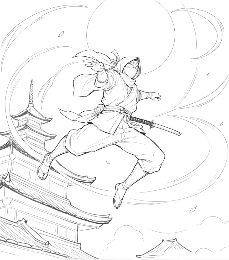 Ninja Leaping From Pagoda Roof In Dark Manga Scene