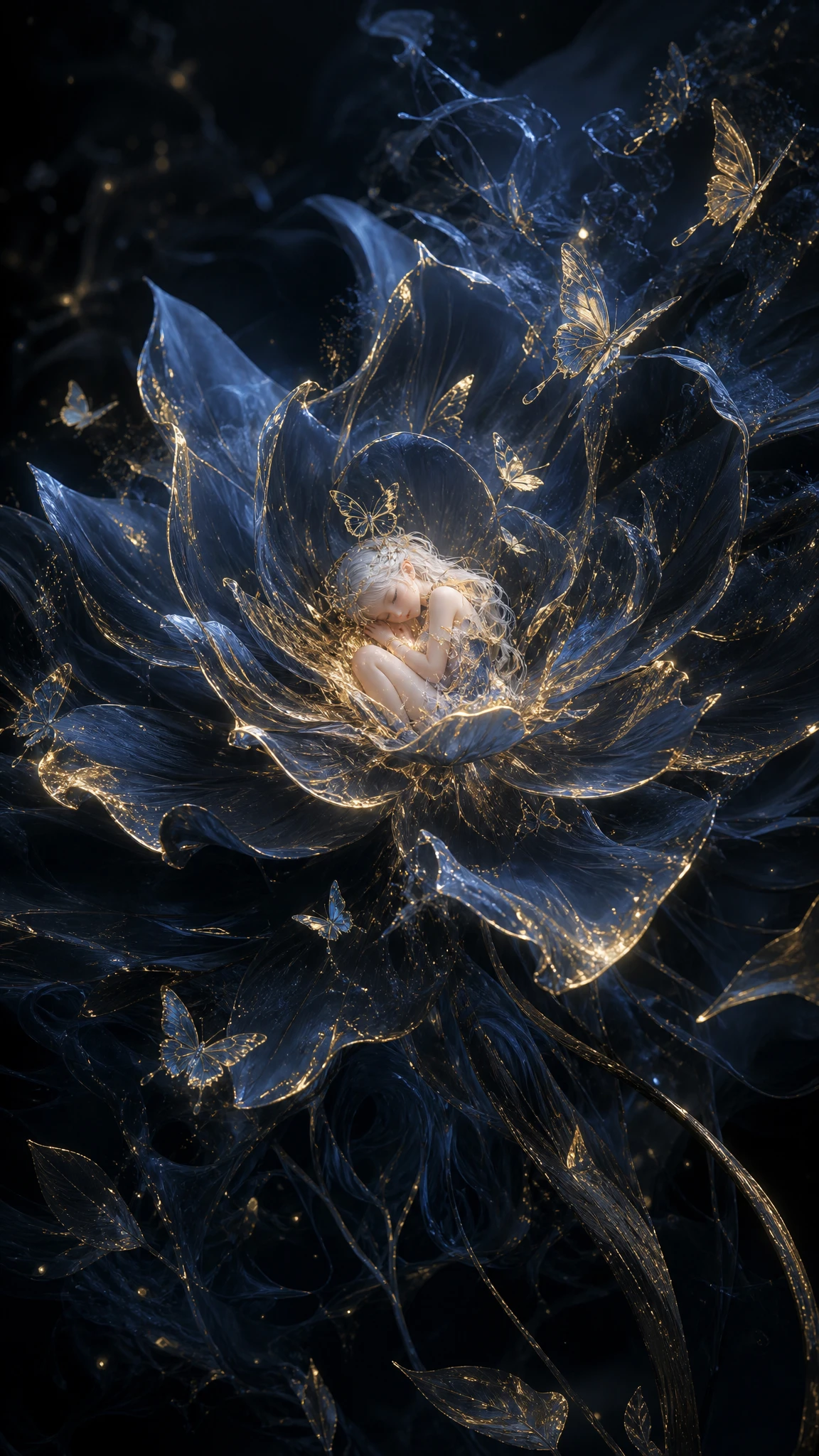 Mystical 3D flower with butterflies and sleeping fairy