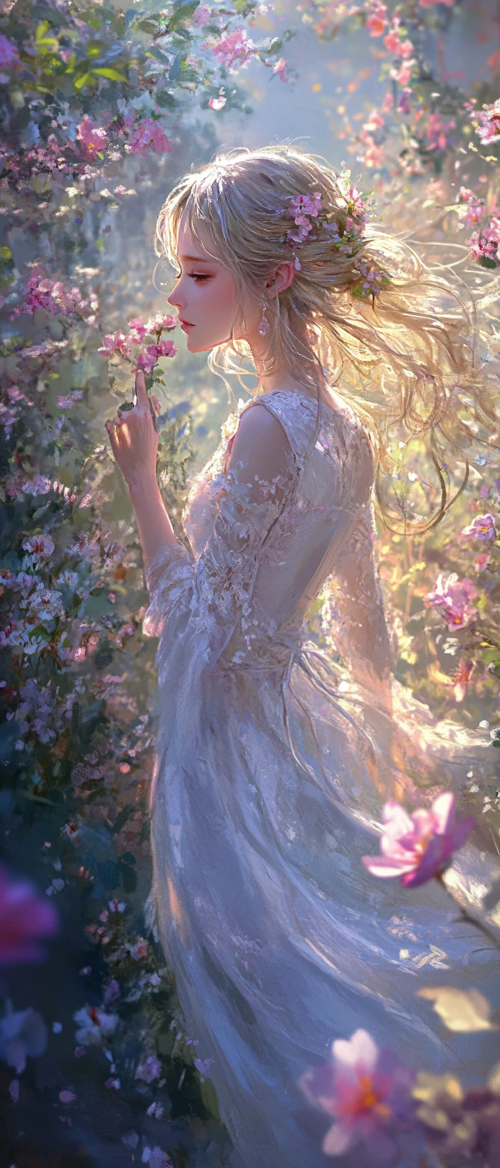 幻想的な光に満ちた花の小径を歩く王女