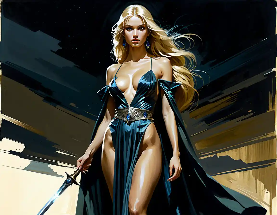 Full body fantasy sorceress portrait of a blonde woman