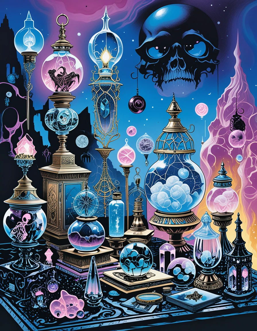 Cartoon crystal shop table with magical curiosities