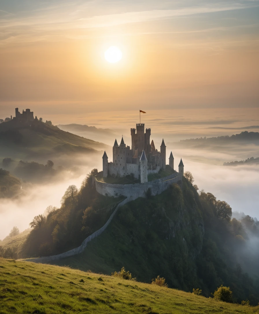 Medieval castle rising from mist on a sunlit hillside