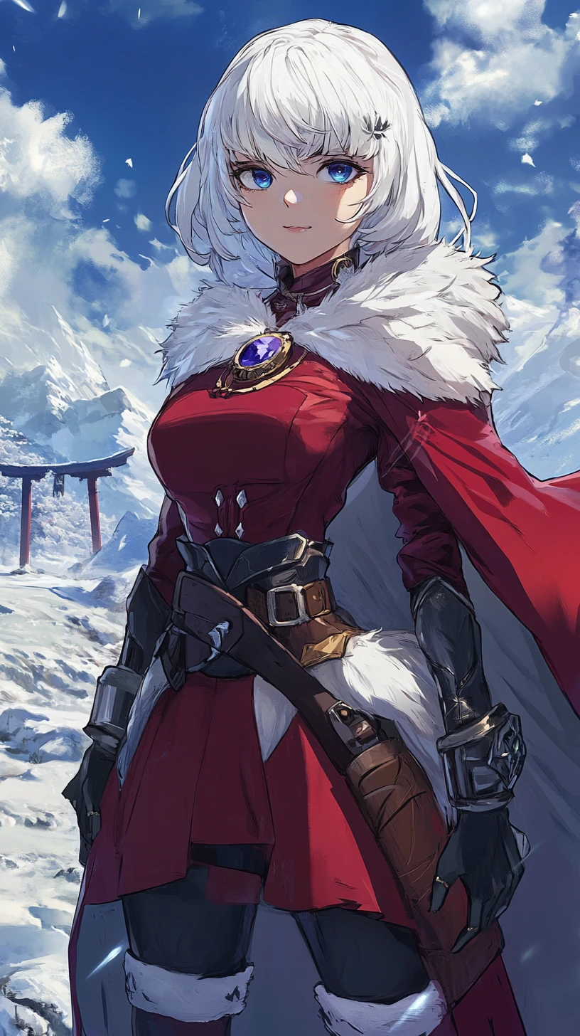 Fur cloaked anime girl warrior in snowy village