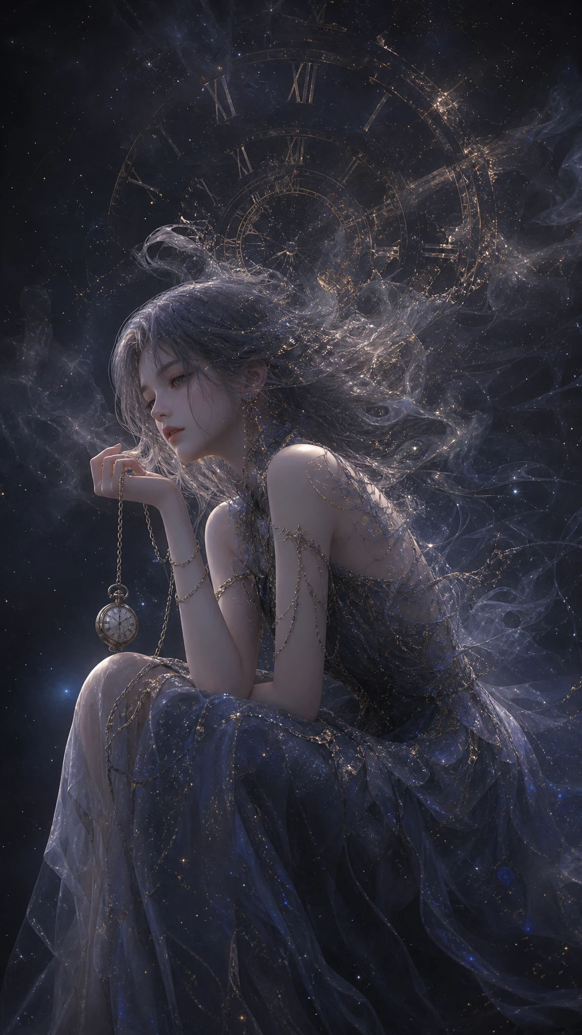 Young woman fading into cosmic smoke with antique watch