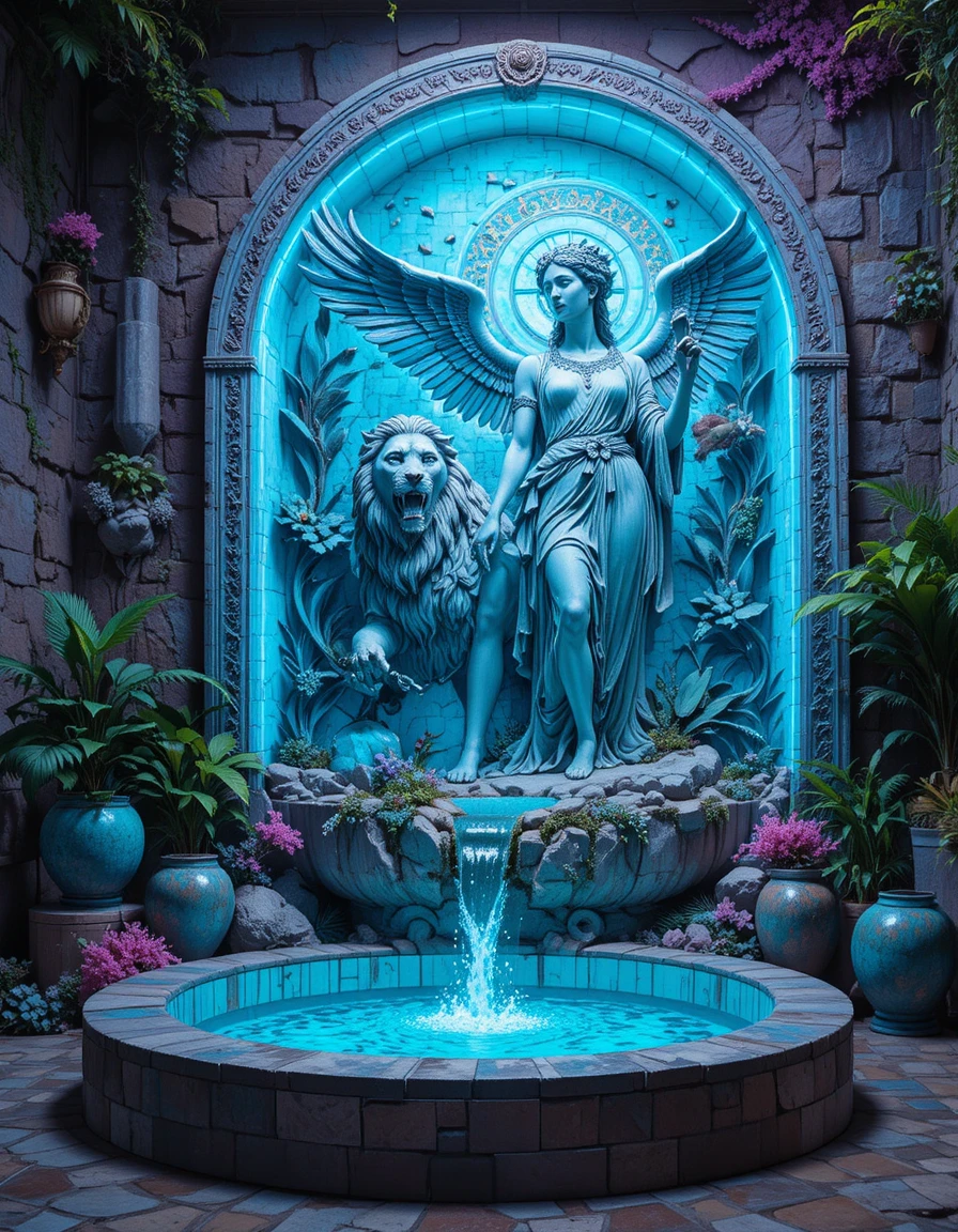 Winged lion and woman statue in neon fantasy mural