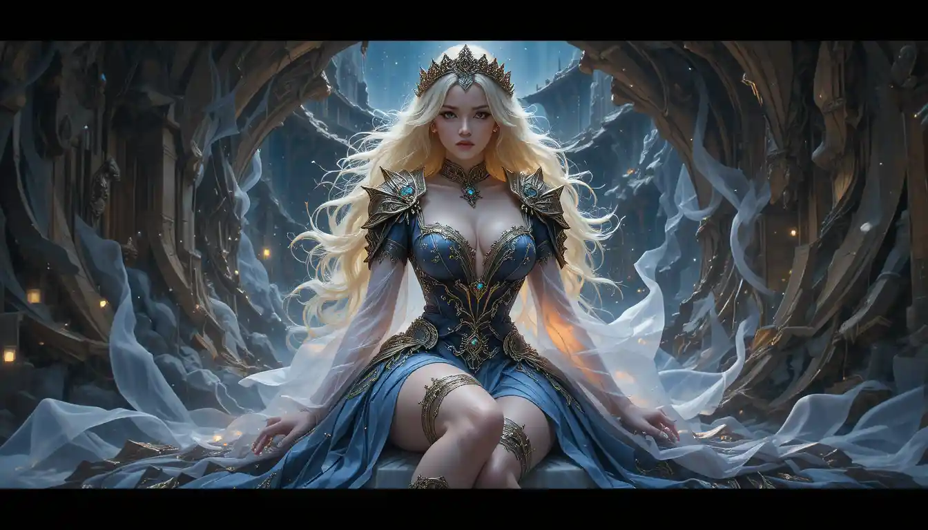 Blonde sorceress seated in elegant fantasy illustration