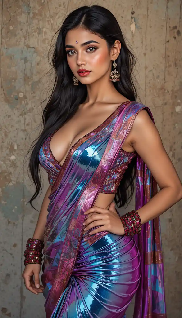 Young woman in glossy saree with exposed midriff pose