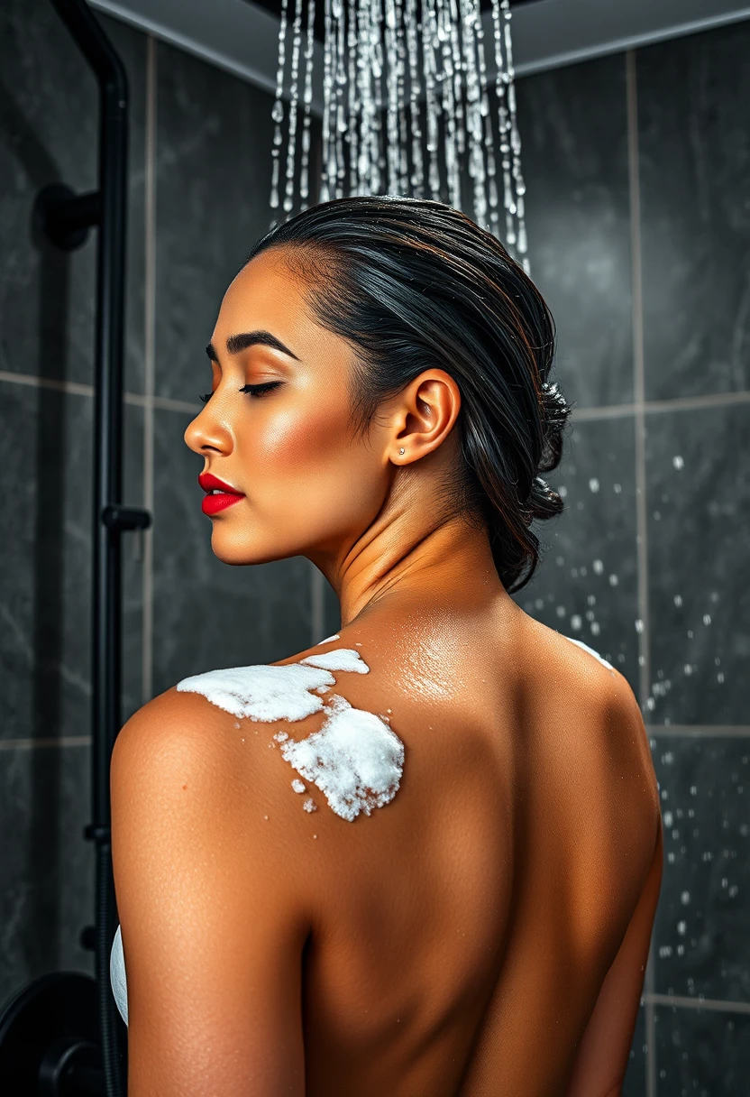 Woman showering with shampoo under bright spotlight