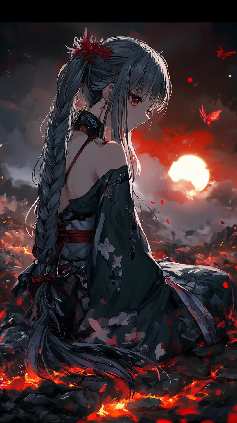 Anime girl in a stylish outfit lying in glowing lava
